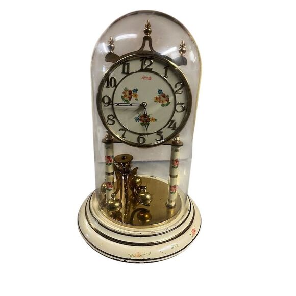 Vintage German Anniversary Clock with Glass Dome Floral Design - Untested - Picture 1 of 6